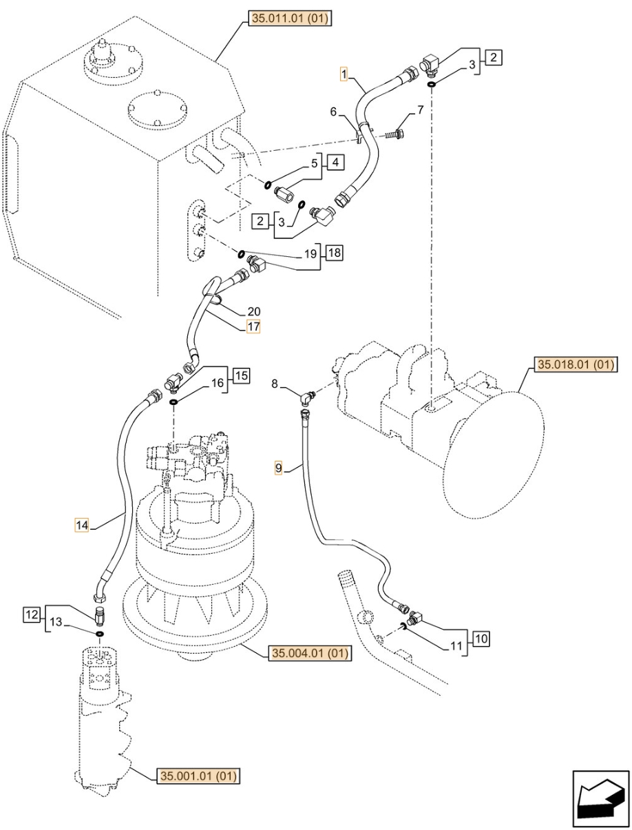 Case CX350C LC installation diagram showing hydraulic hose KSJ12950 at Pipe No. 9