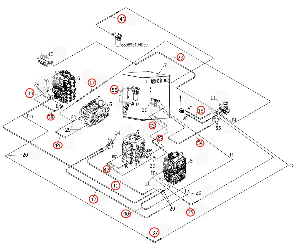 Sunward SWE750F installation diagram showing hydraulic hose 730502000233 at Pipe No. 27