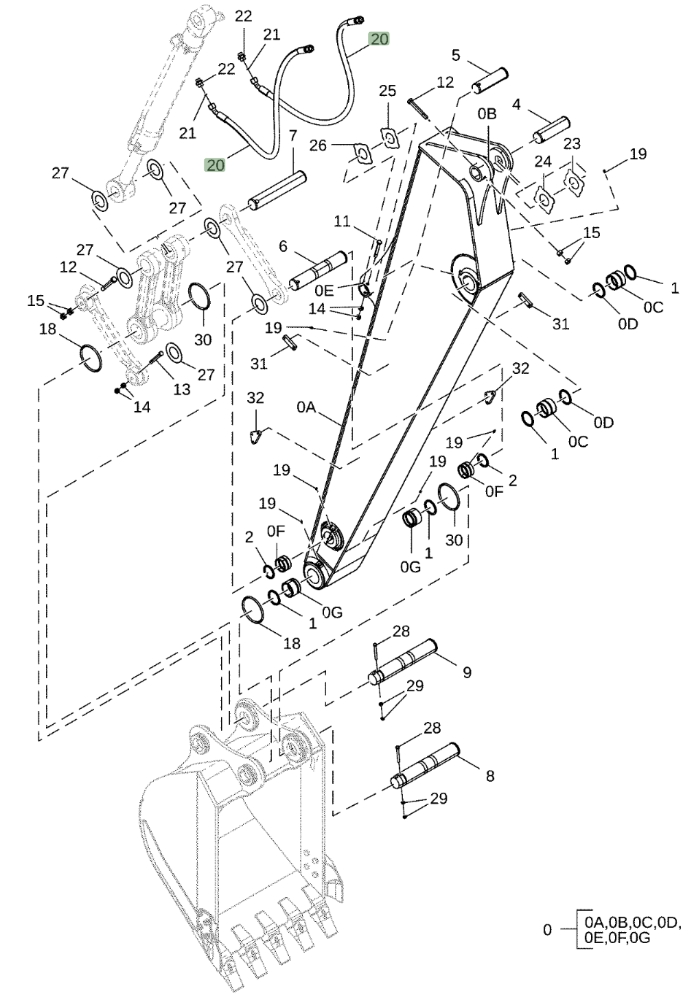 Hitachi ZX160LC-6N installation diagram showing hydraulic hose 4651260 at Pipe No. 20