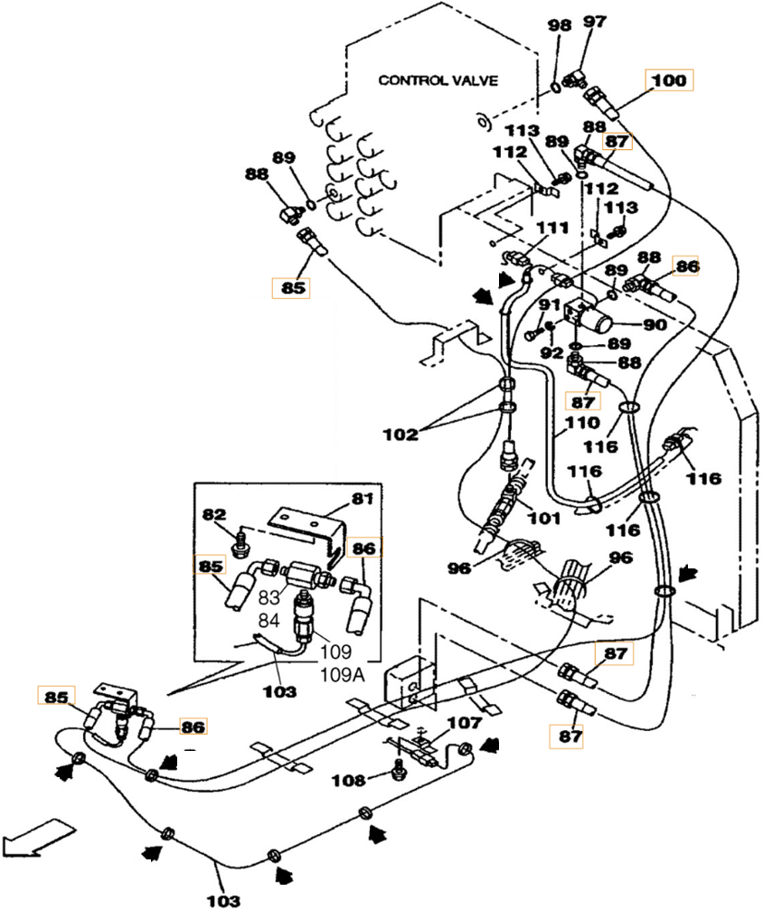 Case CX240 installation diagram showing hydraulic hose 153484A1 at Pipe No. 87