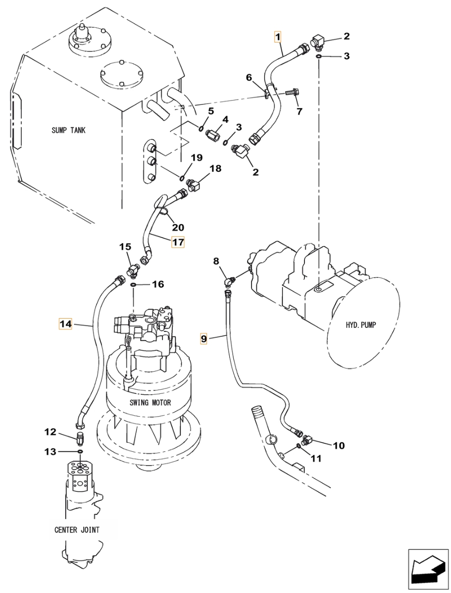 Case CX350C-8 installation diagram showing hydraulic hose KSJ12960 at Pipe No. 17