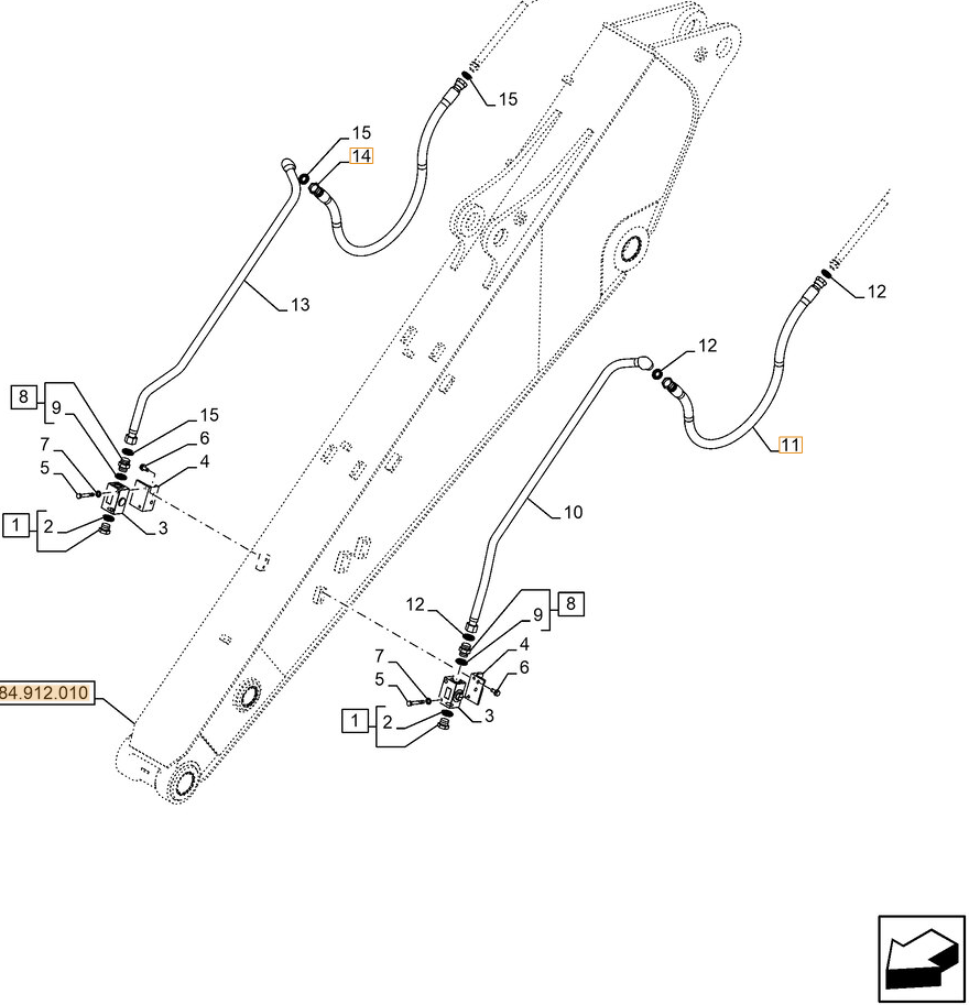 Case CX250E LC installation diagram showing hydraulic hose KRV19740 at Pipe No. 14