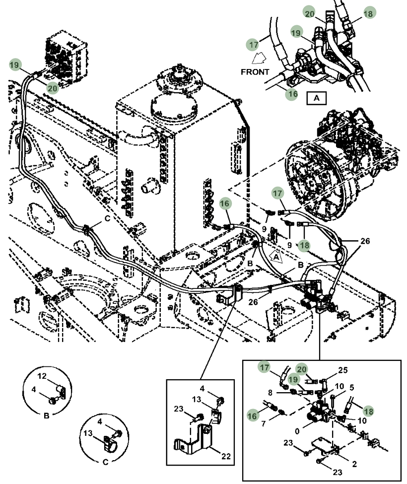 Hitachi ZX190W-5N installation diagram showing hydraulic hose 4668896 at Pipe No. 18
