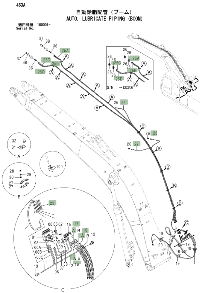 Hitachi ZX200LC installation diagram showing hydraulic hose 4370426 at Pipe No. 25D