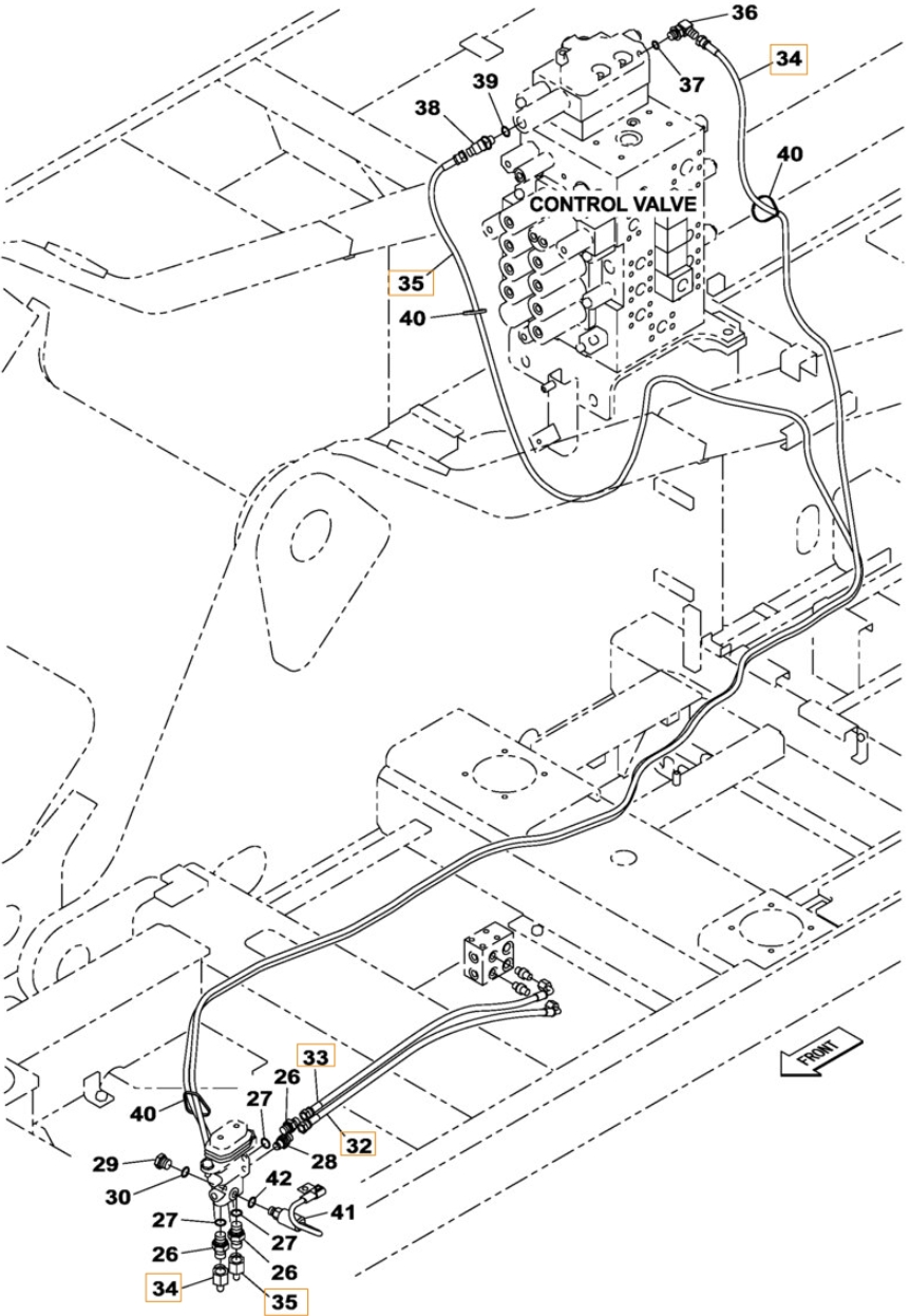 Case CX370B installation diagram showing hydraulic hose KHJ18110 at Pipe No. 34