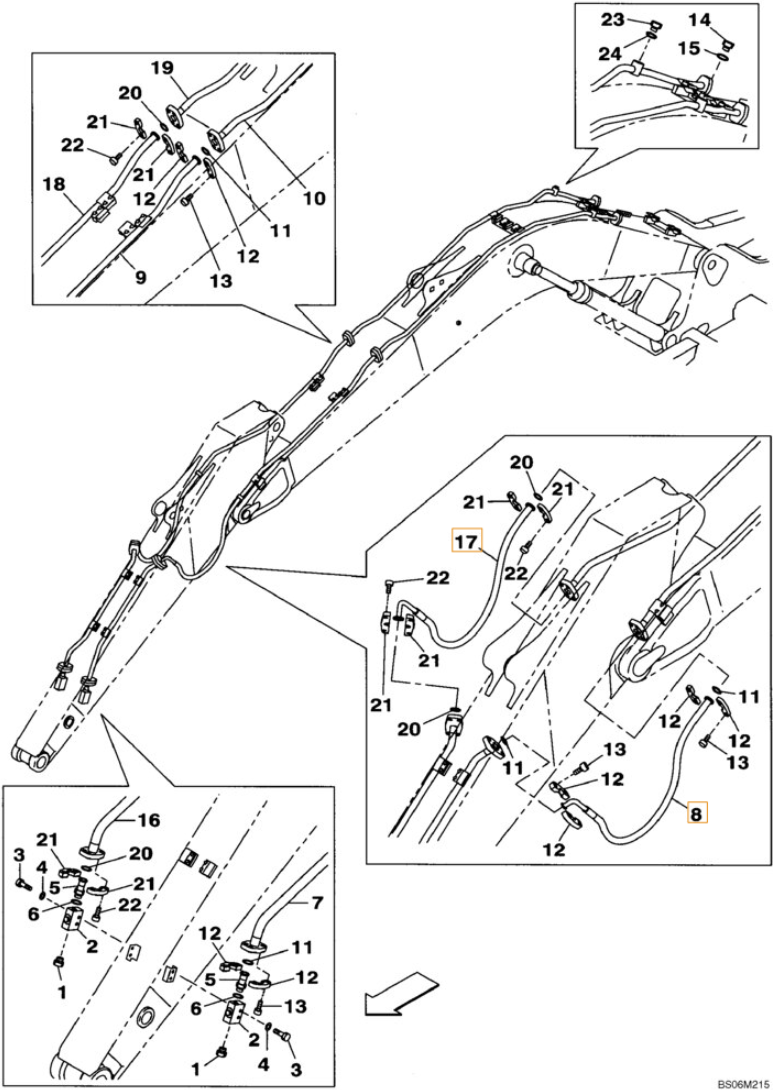 Case CX290B installation diagram showing hydraulic hose KBV17880 at Pipe No. 8