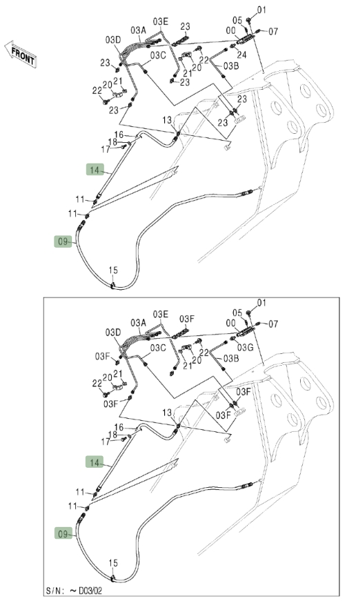 Hitachi ZX600LC installation diagram showing hydraulic hose 4306086 at Pipe No. 14