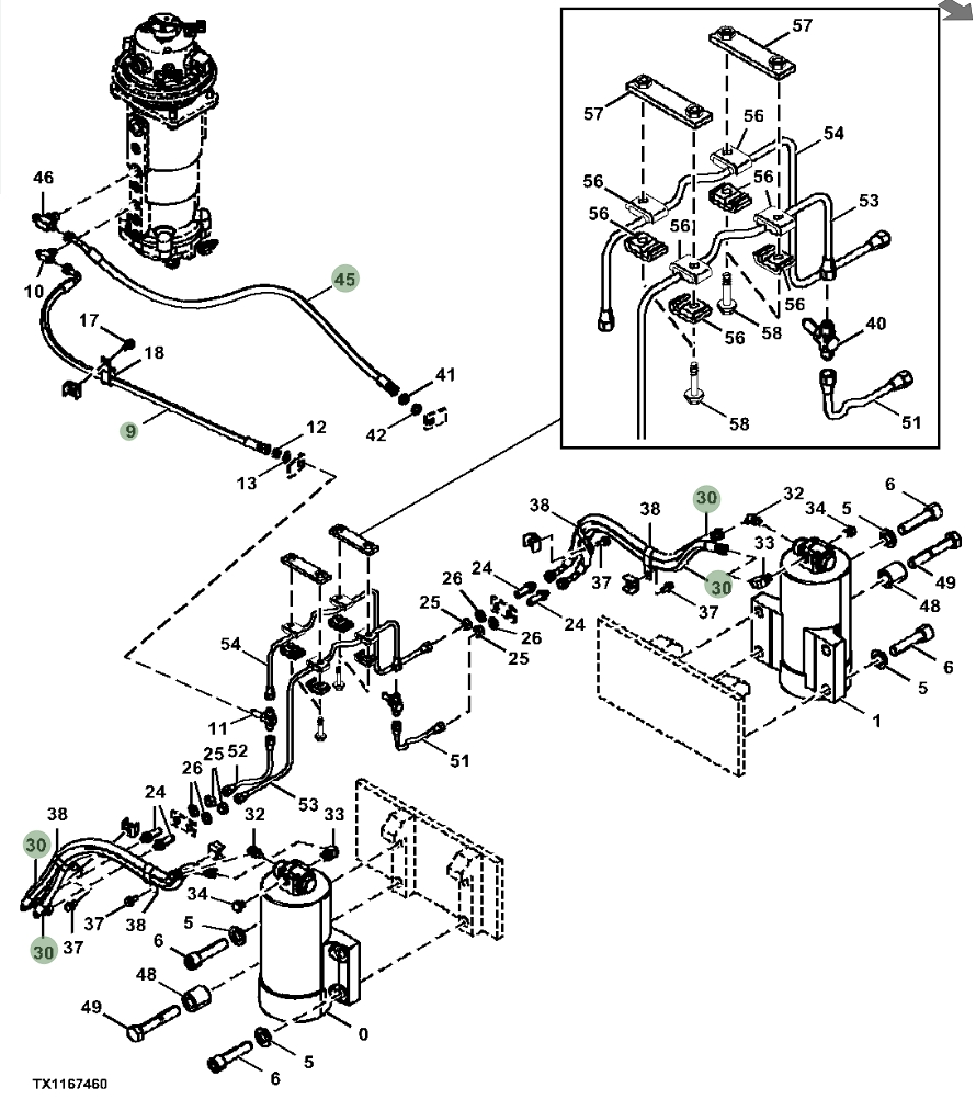 Hitachi ZX190W-6N installation diagram showing hydraulic hose 4659943 at Pipe No. 30