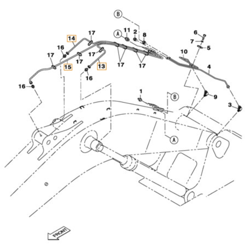 Case CX470C installation diagram showing hydraulic hose KHJ2083 at Pipe No. 14