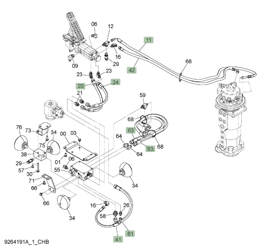 Hitachi ZX190W-3 installation diagram showing hydraulic hose 4665151 at Pipe No. 42