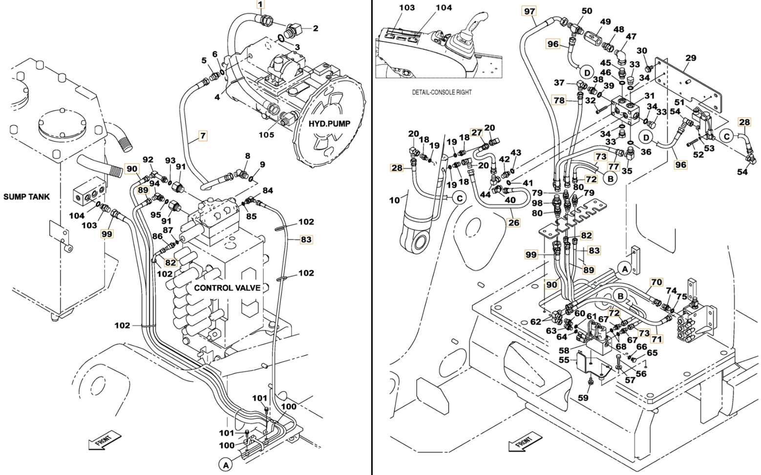 Case CX210B SL installation diagram showing hydraulic hose KHJ2067 at Pipe No. 82
