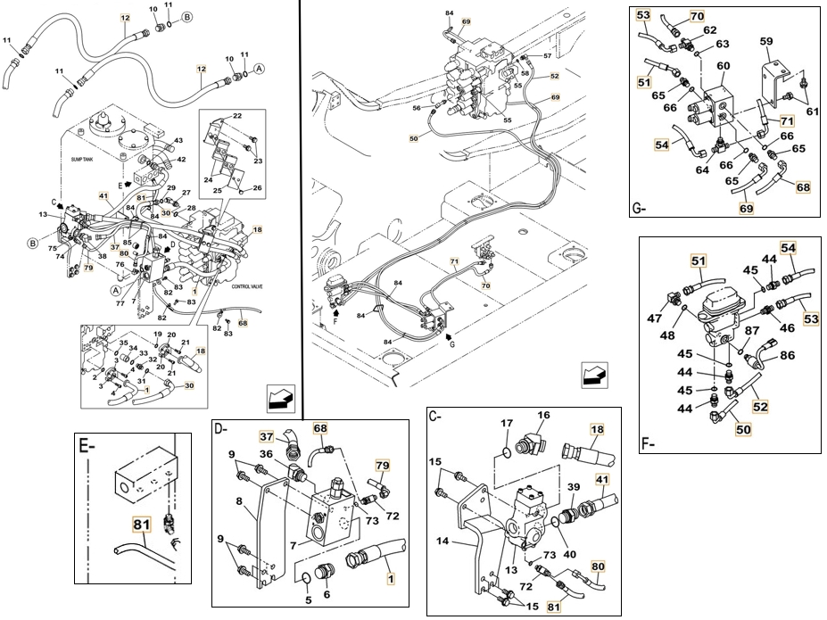 Case CX180C installation diagram showing hydraulic hose KHJ2036 at Pipe No. 70