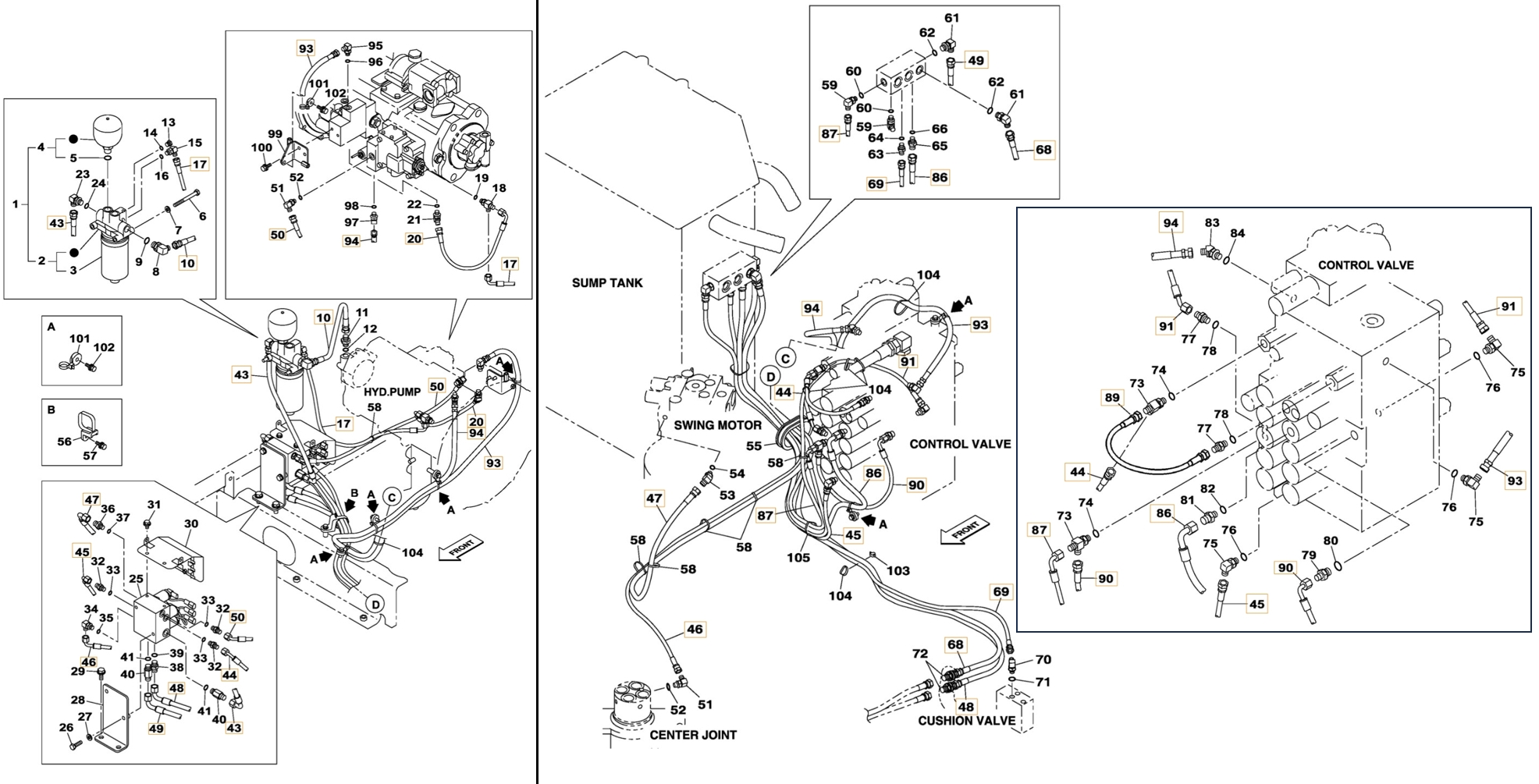 Case CX210B SL installation diagram showing hydraulic hose KHJ12370 at Pipe No. 94