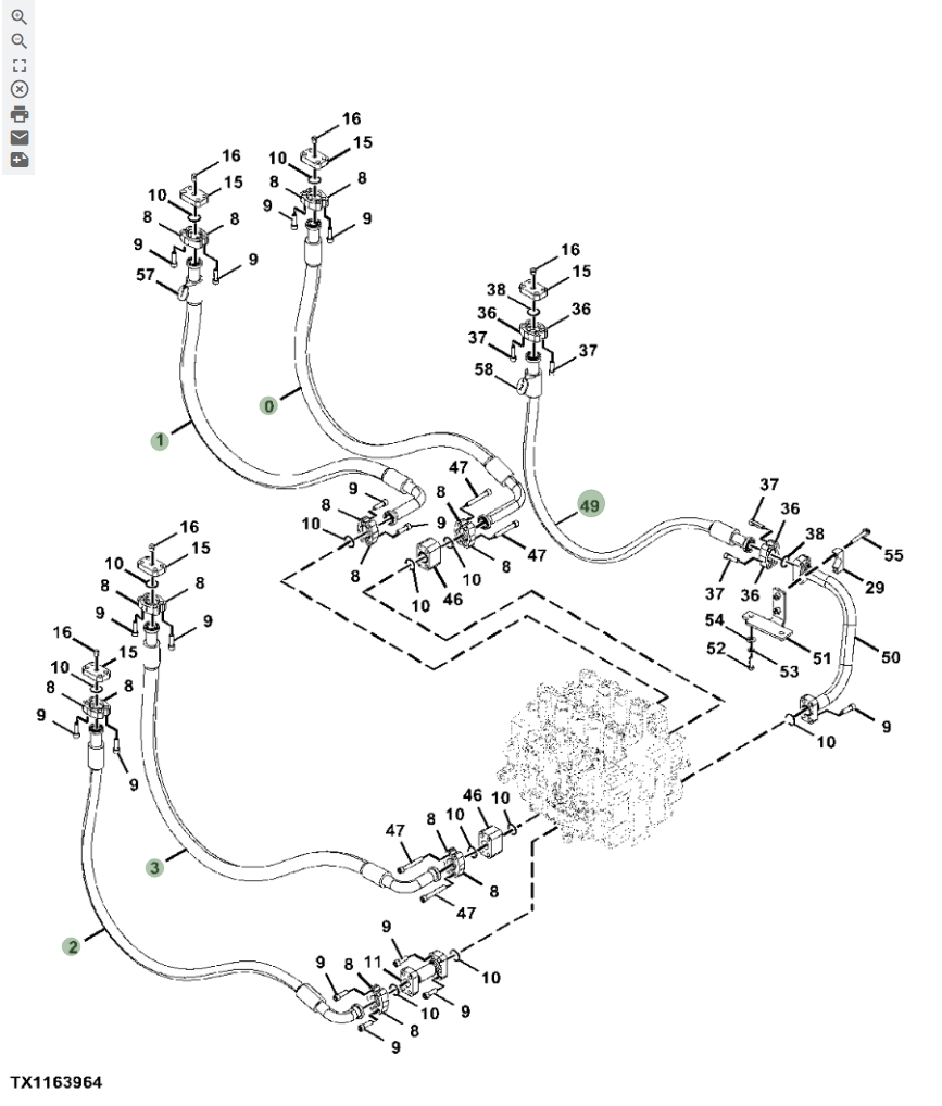Hitachi ZX670LC-6 installation diagram showing hydraulic hose 4716365 at Pipe No. 49