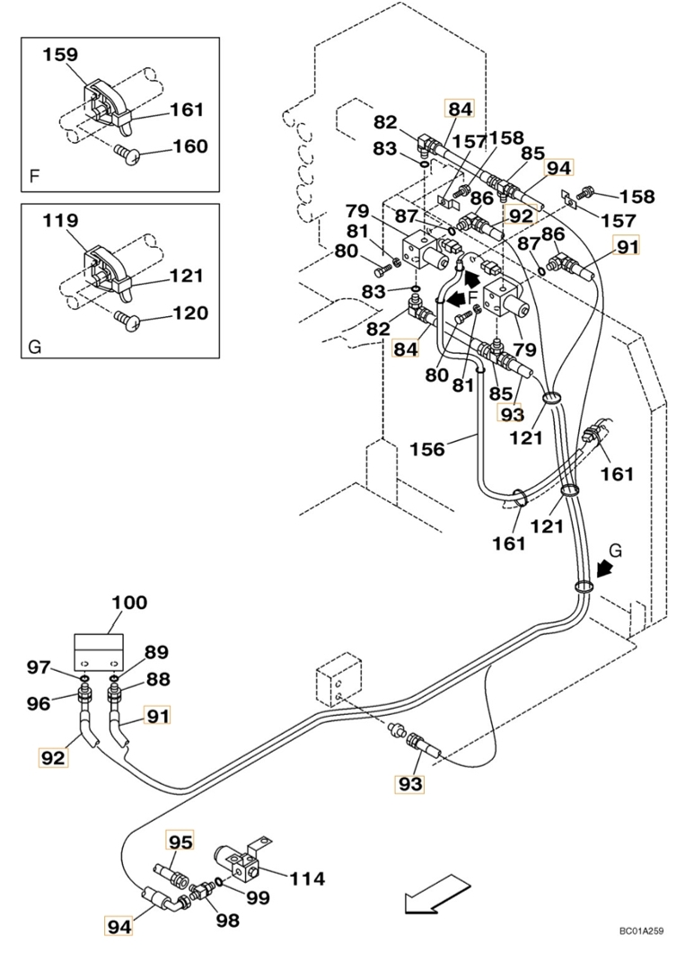 Case CX210N installation diagram showing hydraulic hose 167352A1 at Pipe No. 94