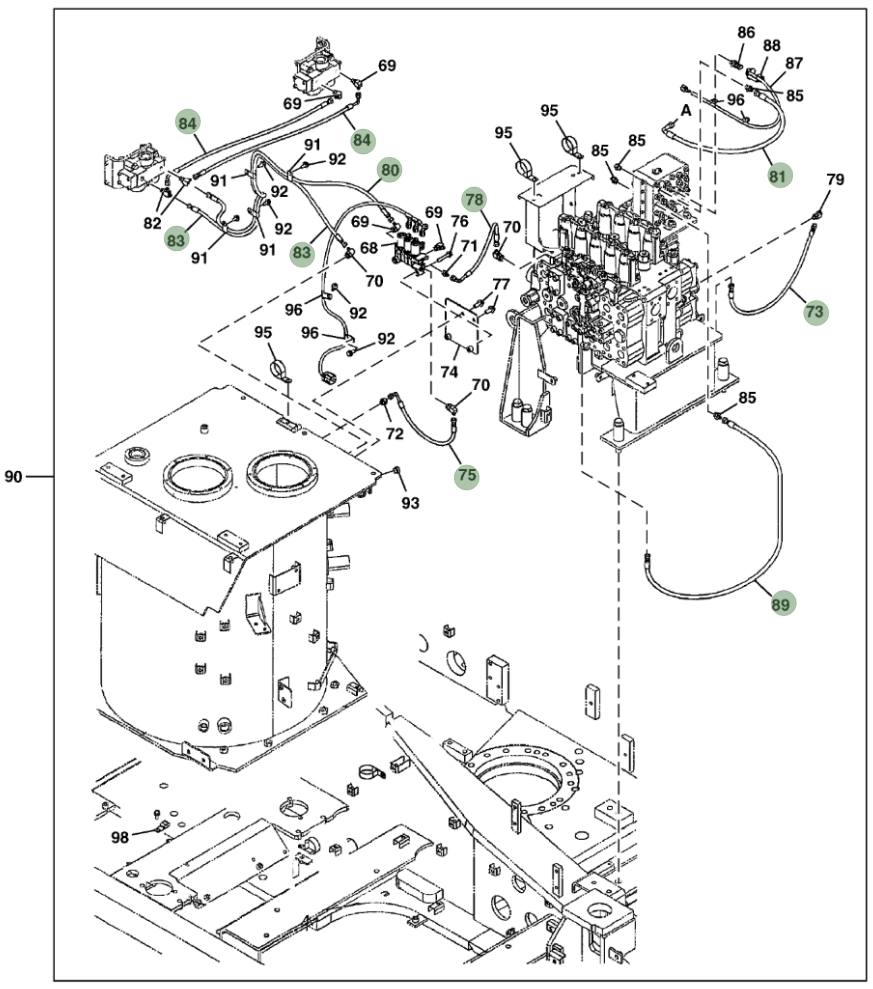 Hitachi ZX470LC-6 installation diagram showing hydraulic hose 4451224 at Pipe No. 89