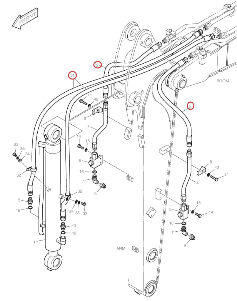 Doosan DX60R installation diagram showing hydraulic hose DS2094330 at Pipe No. 2
