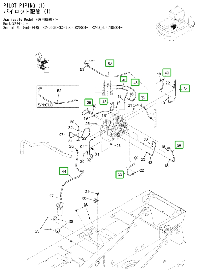 Hitachi ZX240LC-3 installation diagram showing hydraulic hose 4427152 at Pipe No. 12
