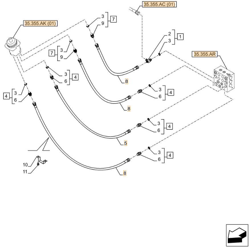 Case CX250D LC installation diagram showing hydraulic hose 159211A1 at Pipe No. 8