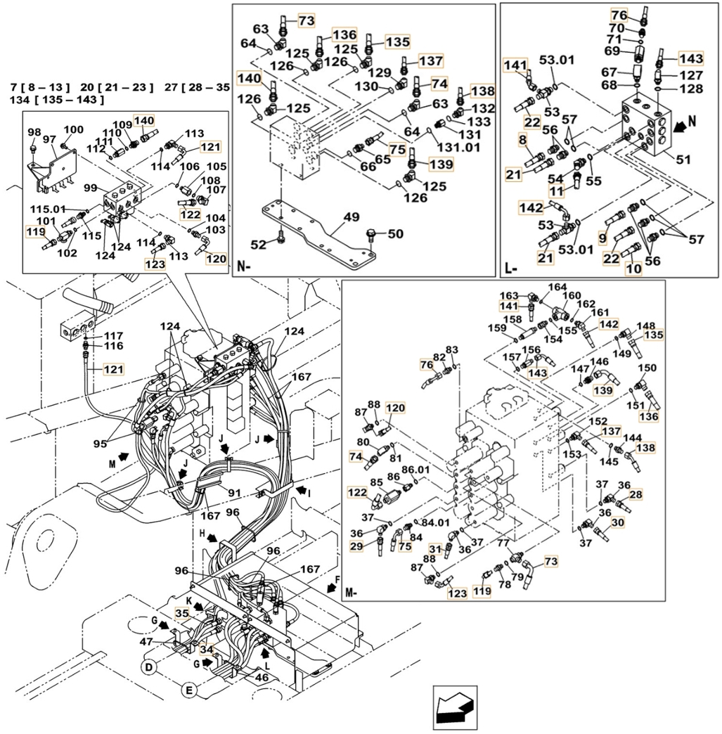 Case CX300C LC installation diagram showing hydraulic hose KHJ2309 at Pipe No. 120