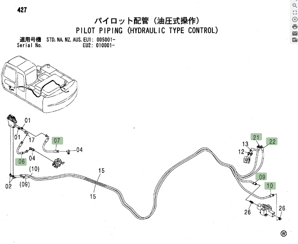Hitachi ZX160LC installation diagram showing hydraulic hose 4383991 at Pipe No. 21