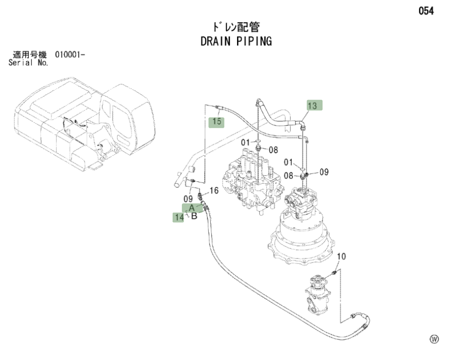 Hitachi ZX230LC installation diagram showing hydraulic hose 9199986 at Pipe No. 14
