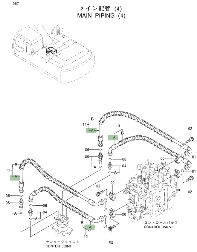 Hitachi EX370-5 installation diagram showing hydraulic hose 9163647 at Pipe No. 11
