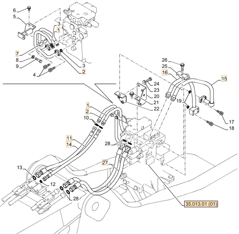Case CX130C installation diagram showing hydraulic hose KNJ15690 at Pipe No. 11