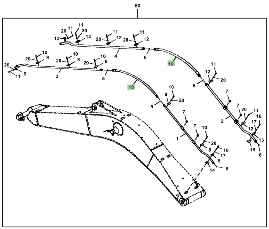 Hitachi ZX380LC-5N installation diagram showing hydraulic hose 4650840 at Pipe No. 19