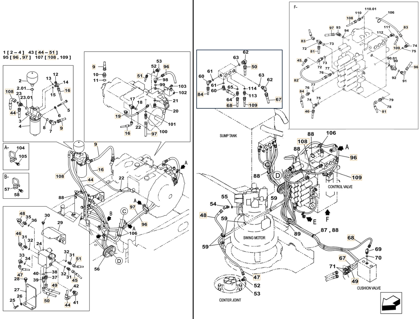 Case CX210C-8 installation diagram showing hydraulic hose KHJ2309 at Pipe No. 83
