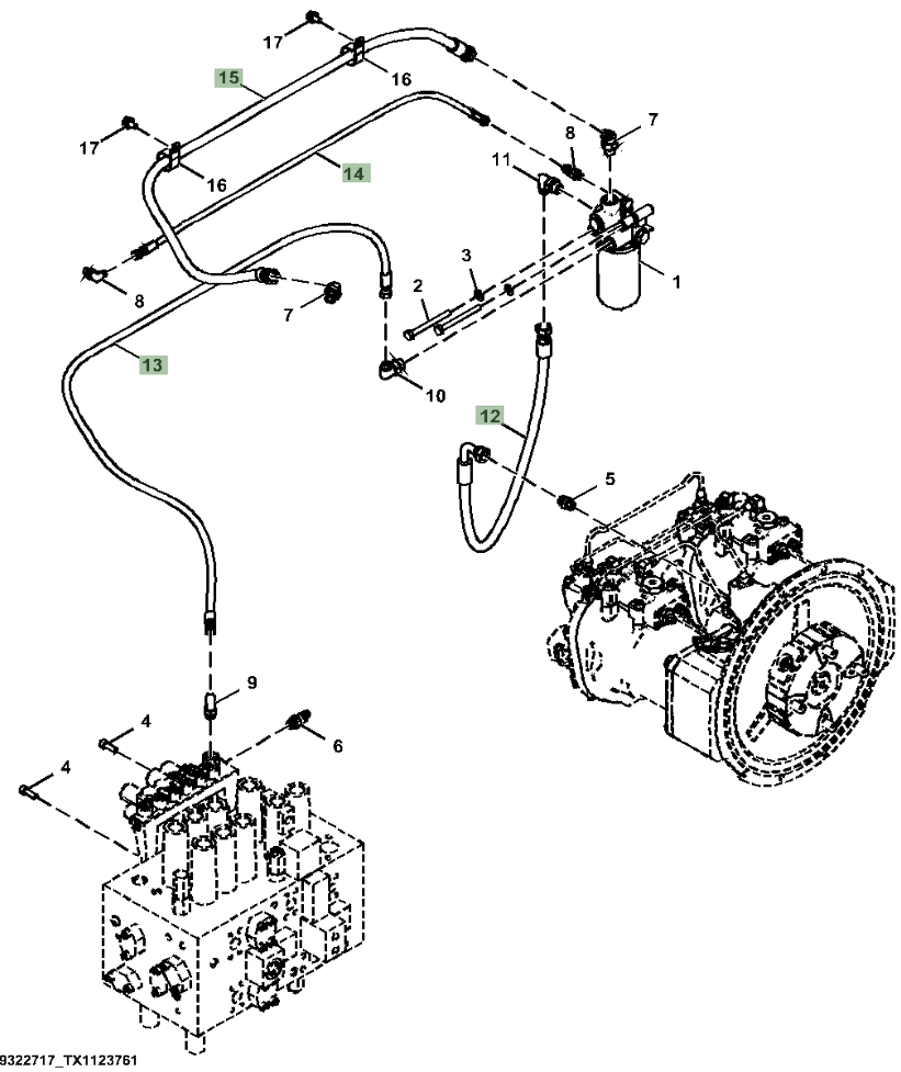 Hitachi ZX350LC-5G installation diagram showing hydraulic hose 4672335 at Pipe No. 13