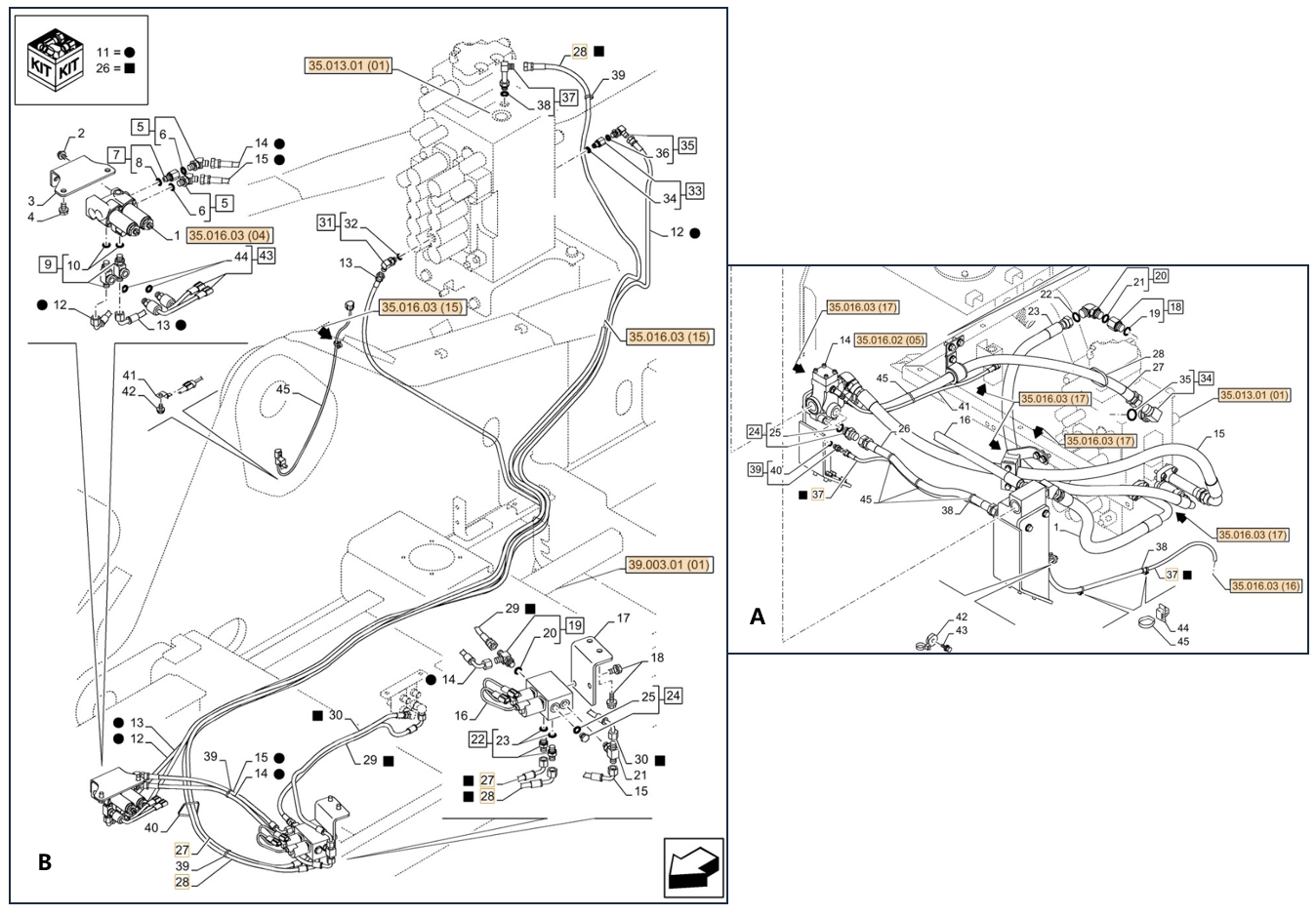 Case CX350C LC installation diagram showing hydraulic hose KHJ14790 at Pipe No. B28