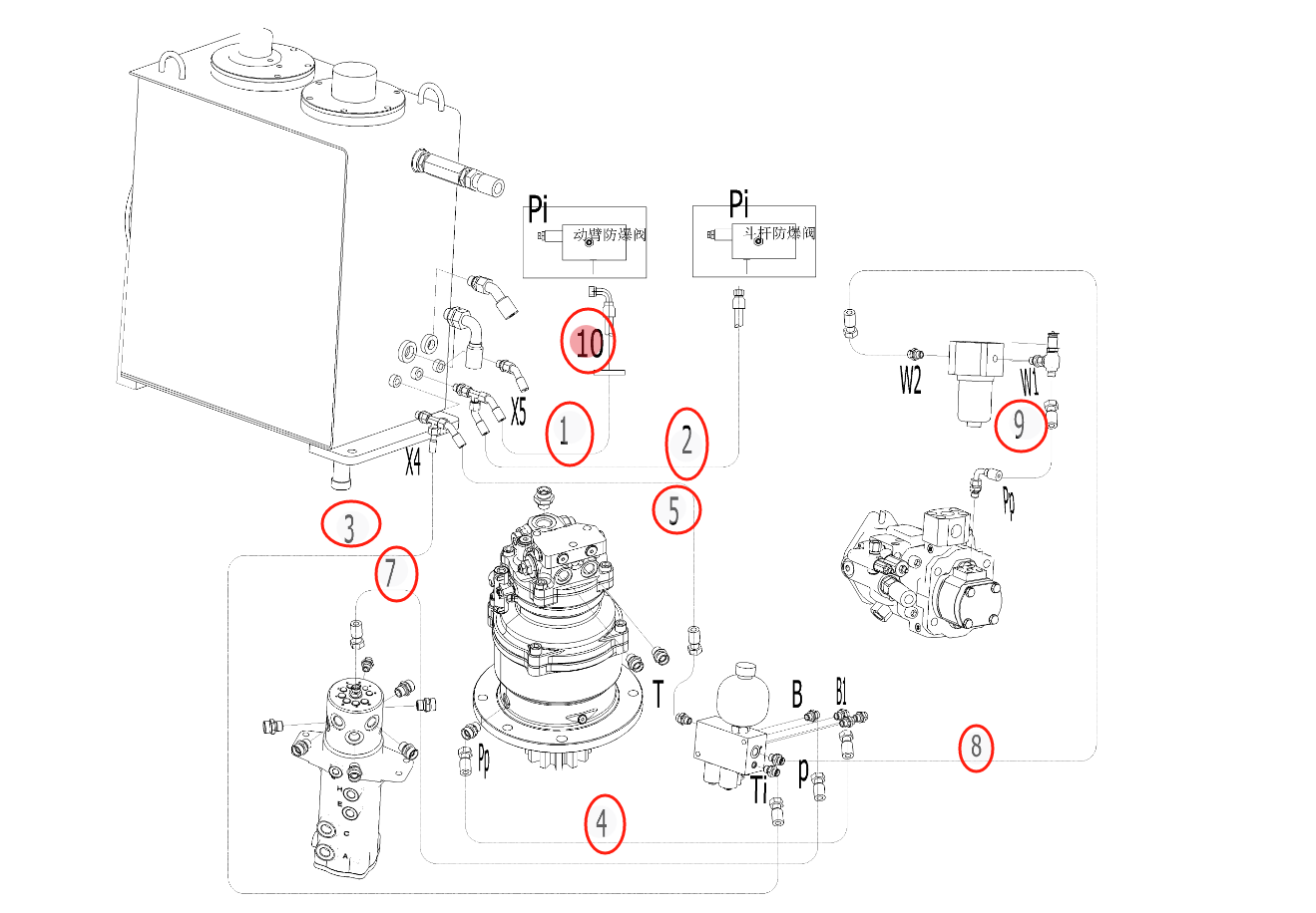 Sunward SWE90UF installation diagram showing hydraulic hose 730502006495 at Pipe No. 5