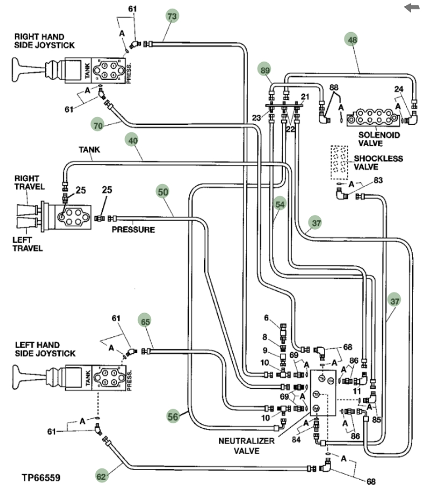 Hitachi EX330-5 installation diagram showing hydraulic hose 4365790 at Pipe No. 89