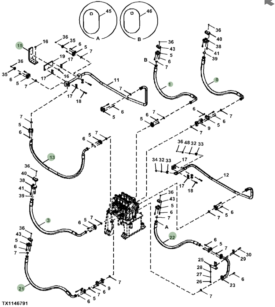 Hitachi ZX870LC-5A installation diagram showing hydraulic hose 4703562 at Pipe No. 22