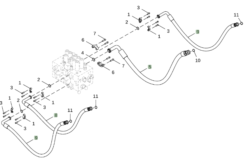 Hitachi ZX380LC-6N installation diagram showing hydraulic hose 9263974 at Pipe No. 9