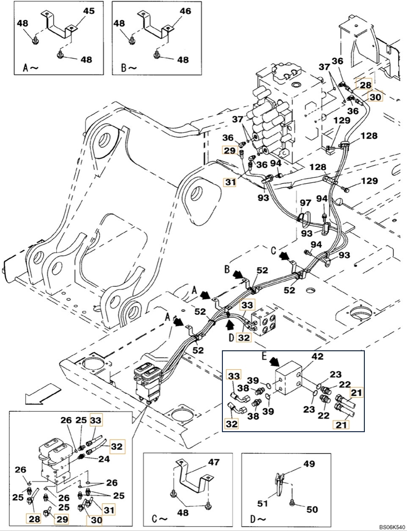 Case CX240B installation diagram showing hydraulic hose KHJ2248 at Pipe No. 28