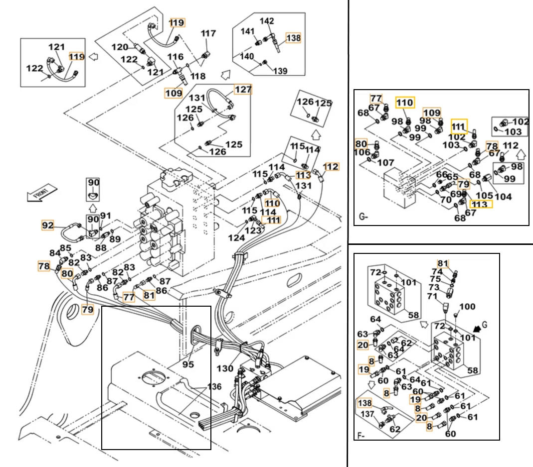 Case CX220B installation diagram showing hydraulic hose KHJ2084 at Pipe No. 119