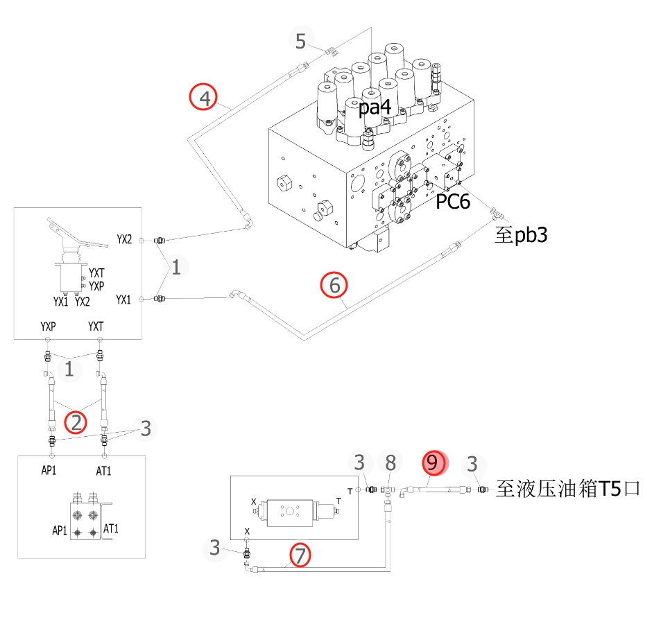 Sunward SWE365F installation diagram showing hydraulic hose 730502002529 at Pipe No. 6