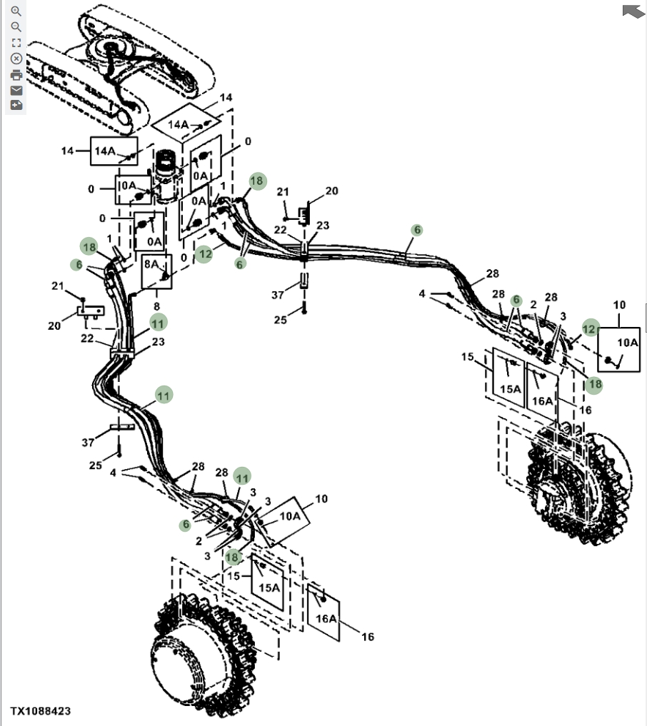 Hitachi ZX670LC-5G installation diagram showing hydraulic hose 4644543 at Pipe No. 18