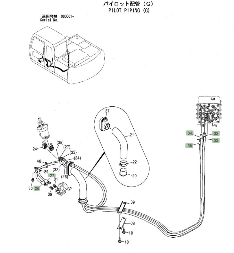 Hitachi ZX120 installation diagram showing hydraulic hose 4453228 at Pipe No. 35