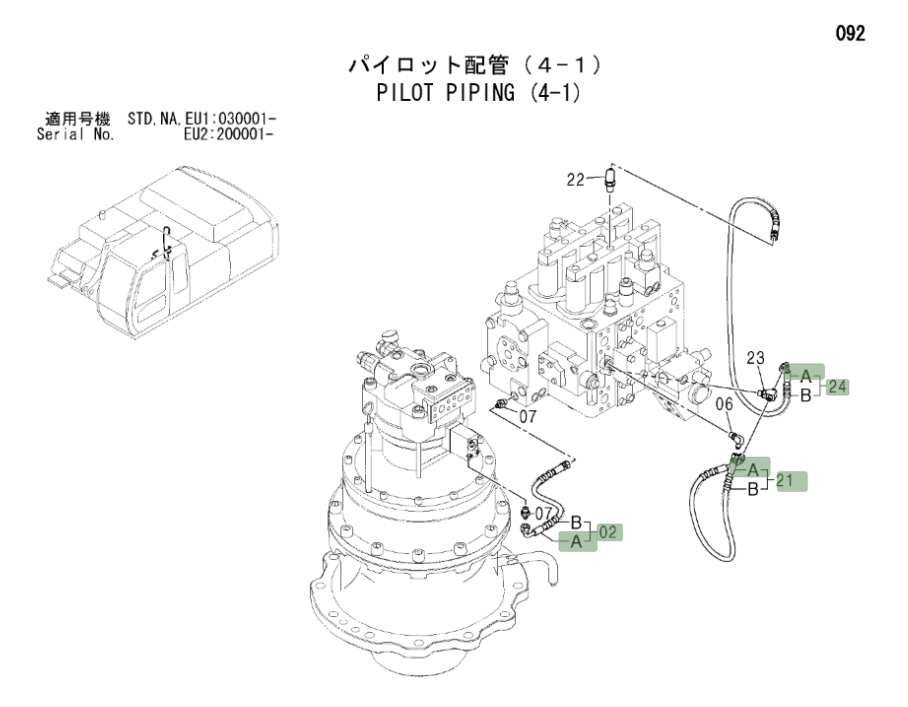 Hitachi ZX330LC installation diagram showing hydraulic hose 9190861 at Pipe No. 21