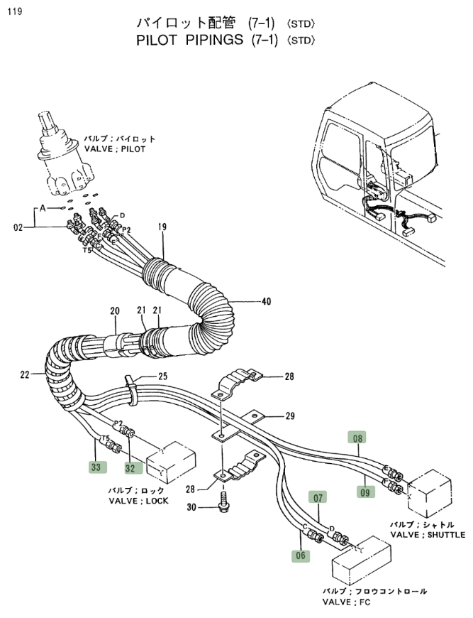 Hitachi EX400LC-3 installation diagram showing hydraulic hose 4299086 at Pipe No. 6