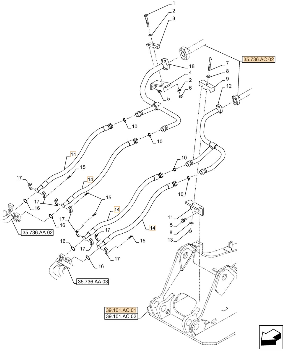 Case CX490D LC installation diagram showing hydraulic hose KTJ13470 at Pipe No. 14