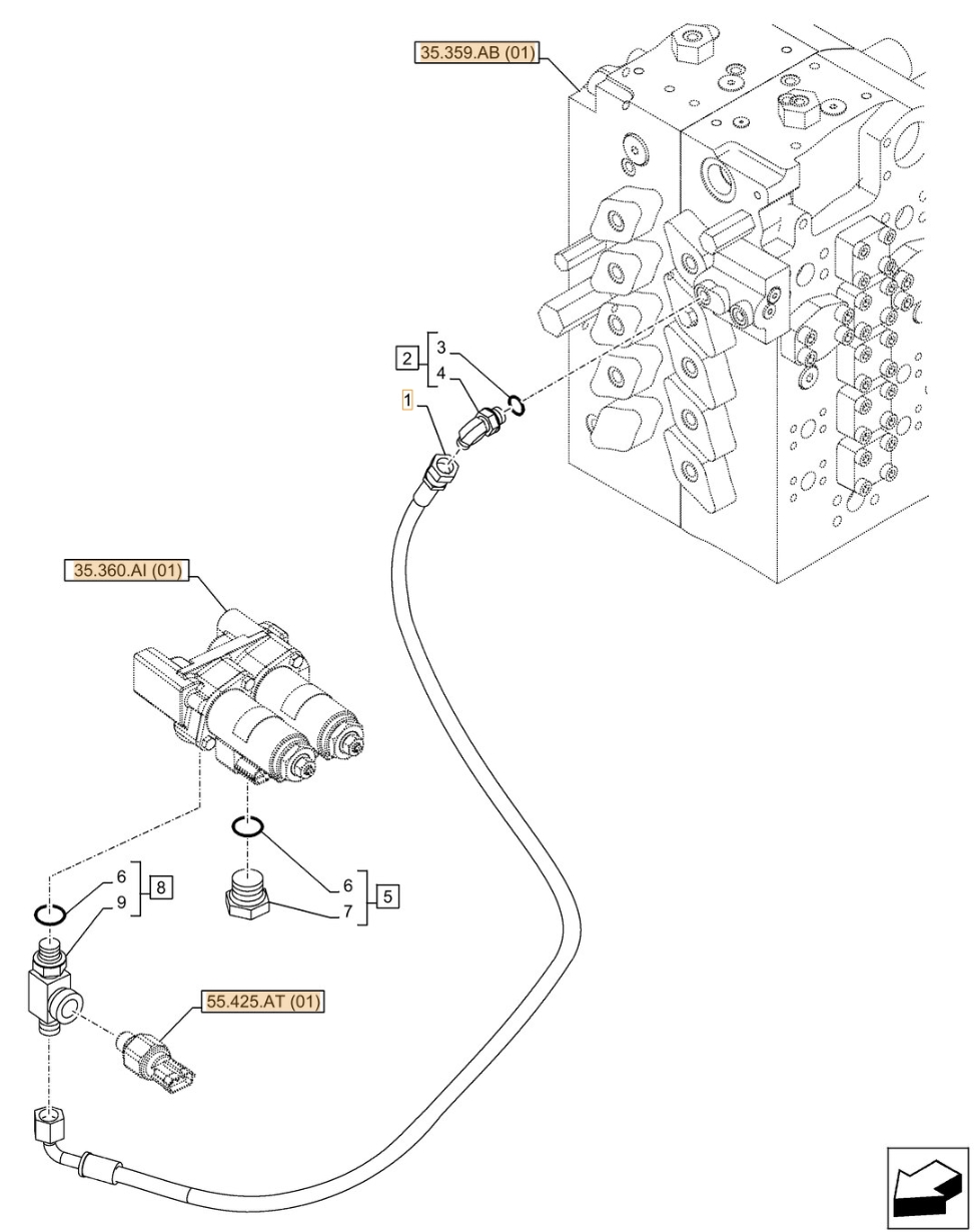 Case CX500D LC installation diagram showing hydraulic hose KHJ12230 at Pipe No. 1