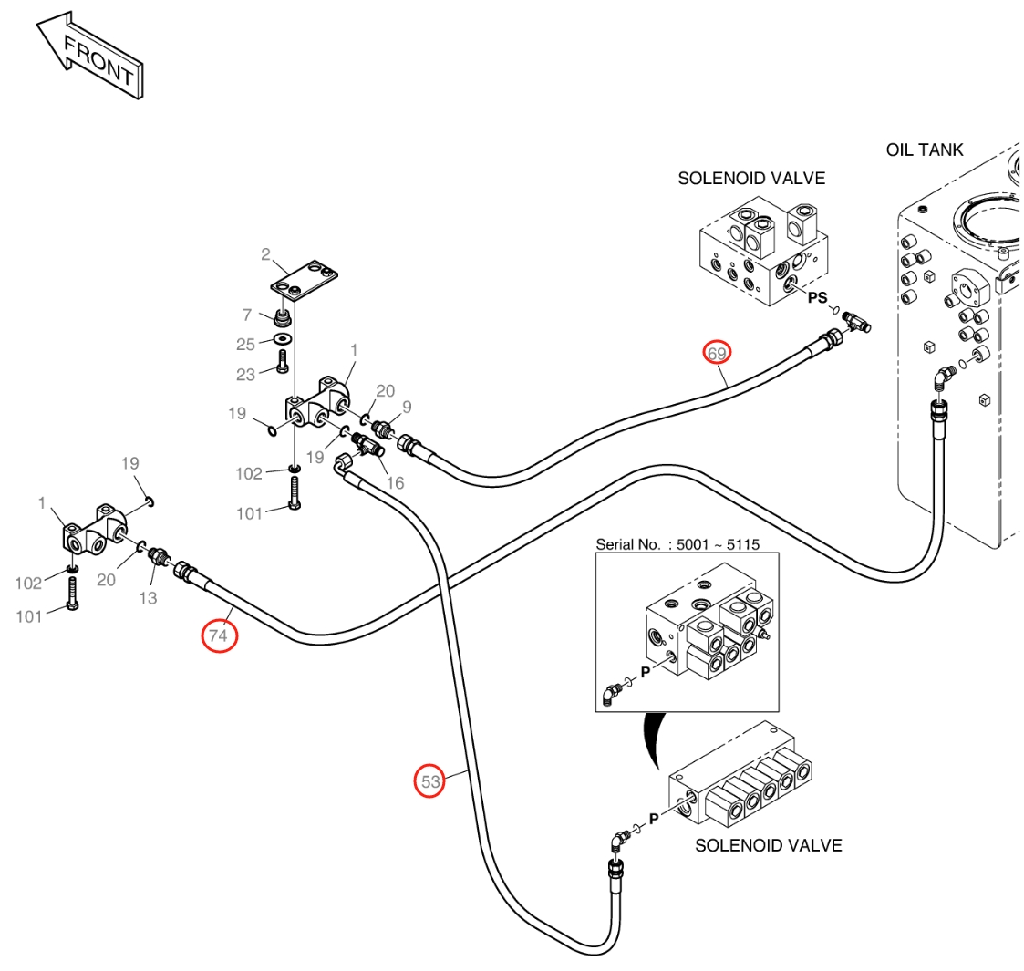 Doosan DX140W installation diagram showing hydraulic hose DS2093116 at Pipe No. 53