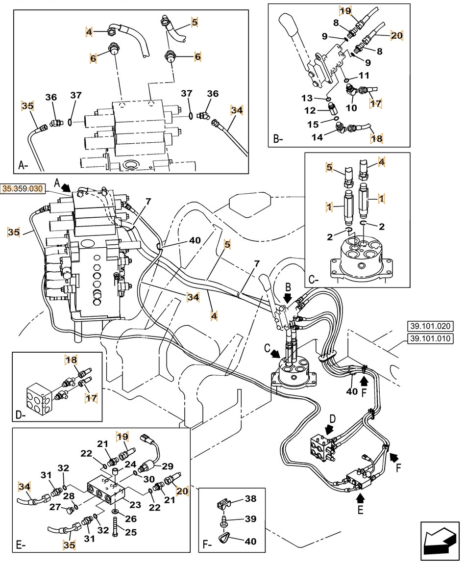 Case CX145C SR installation diagram showing hydraulic hose KHJ13650 at Pipe No. 35