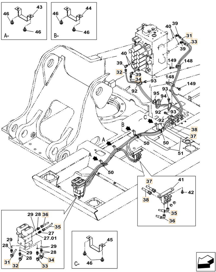 Case CX260C LC installation diagram showing hydraulic hose KHJ2092 at Pipe No. 35