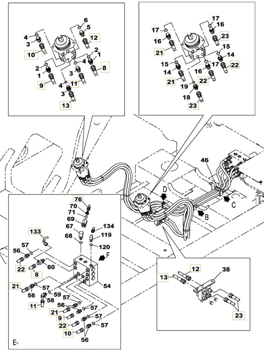 Case CX210C LR installation diagram showing hydraulic hose 159213A1 at Pipe No. 23