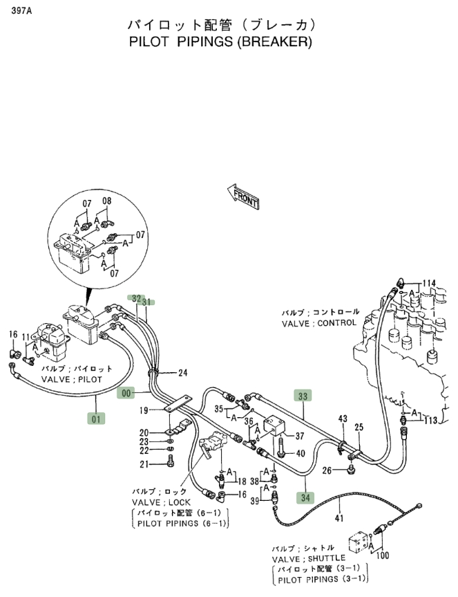 Hitachi EX400LC-3C installation diagram showing hydraulic hose 4283165 at Pipe No. 32